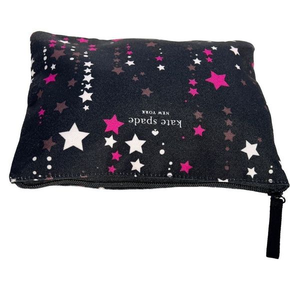 🎉HP🎊Kate Spade Large Canvas Cosmetic Zip Twinkle Star Pouch Black Pink Multi - Picture 2 of 11